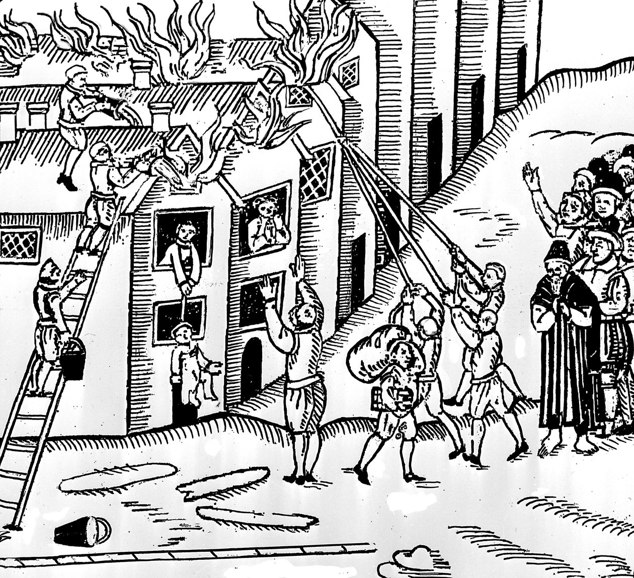 Brandslukning i Tiverton, Devon, 1612 af English School