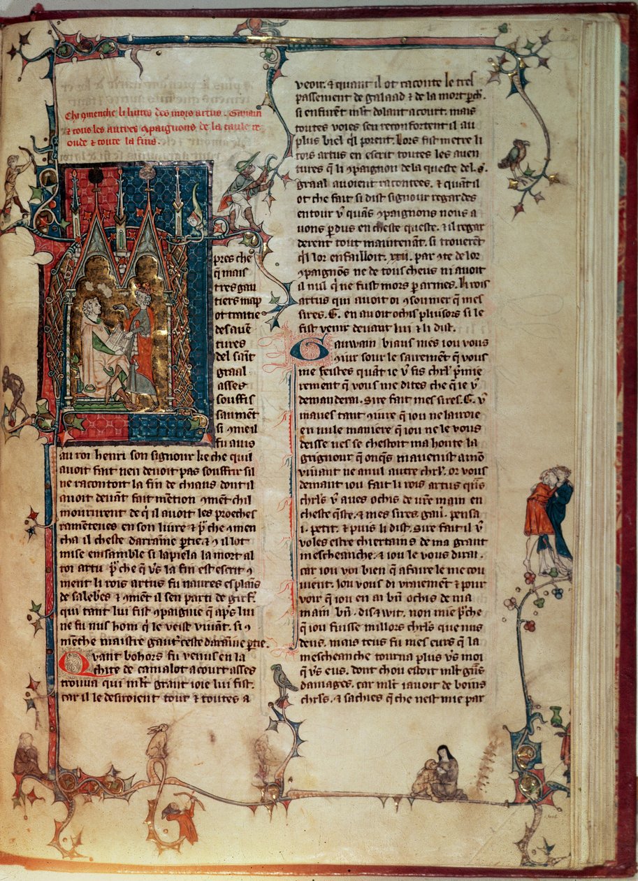 Fr 1 f.82r Vol. I Walter Map fortæller en historie om eventyrene fra ridderne af det runde bord på den hellige grals søgen efter diktat af kong Arthur, fra Manchester Arthurian Roman af English School