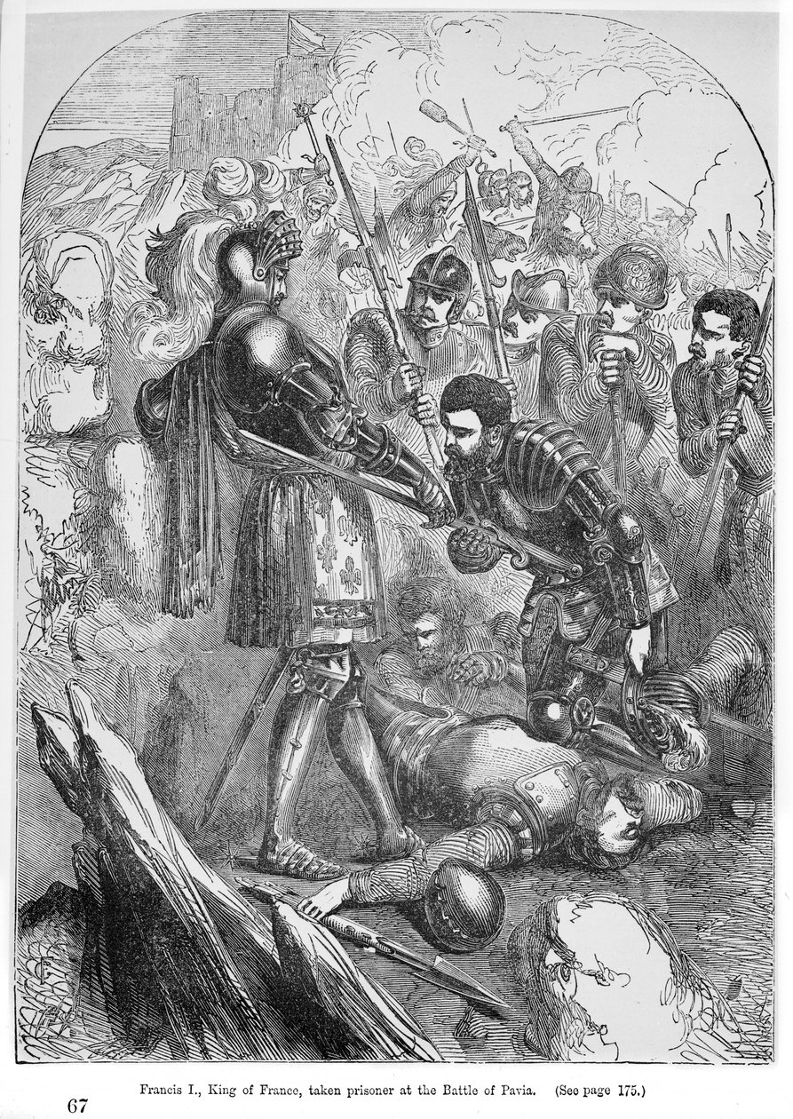 Francis I (1495-1547) taget til fange i slaget ved Pavia i 1525 af Charles Bourbon (1490-1527), bogillustration af English School