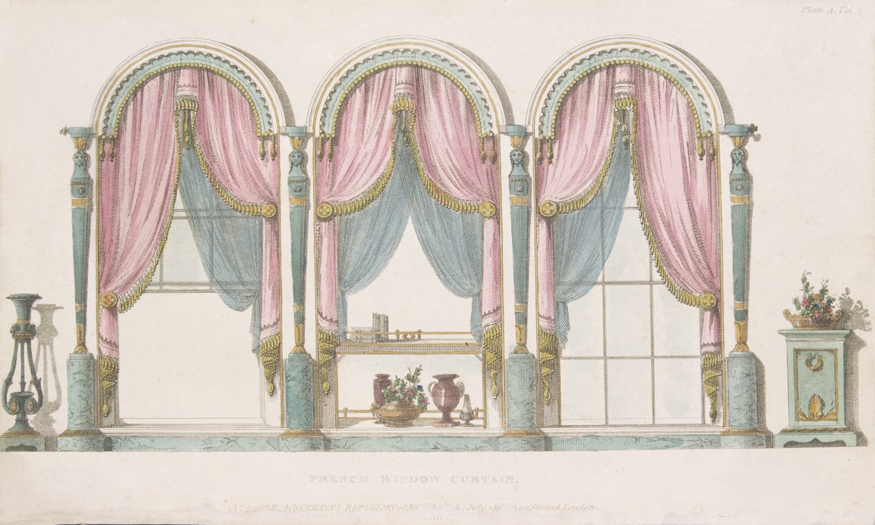Fransk vinduesgardin, plade 55 fra Ackermanns Kunstdepot, udgivet 1809-28 af English School