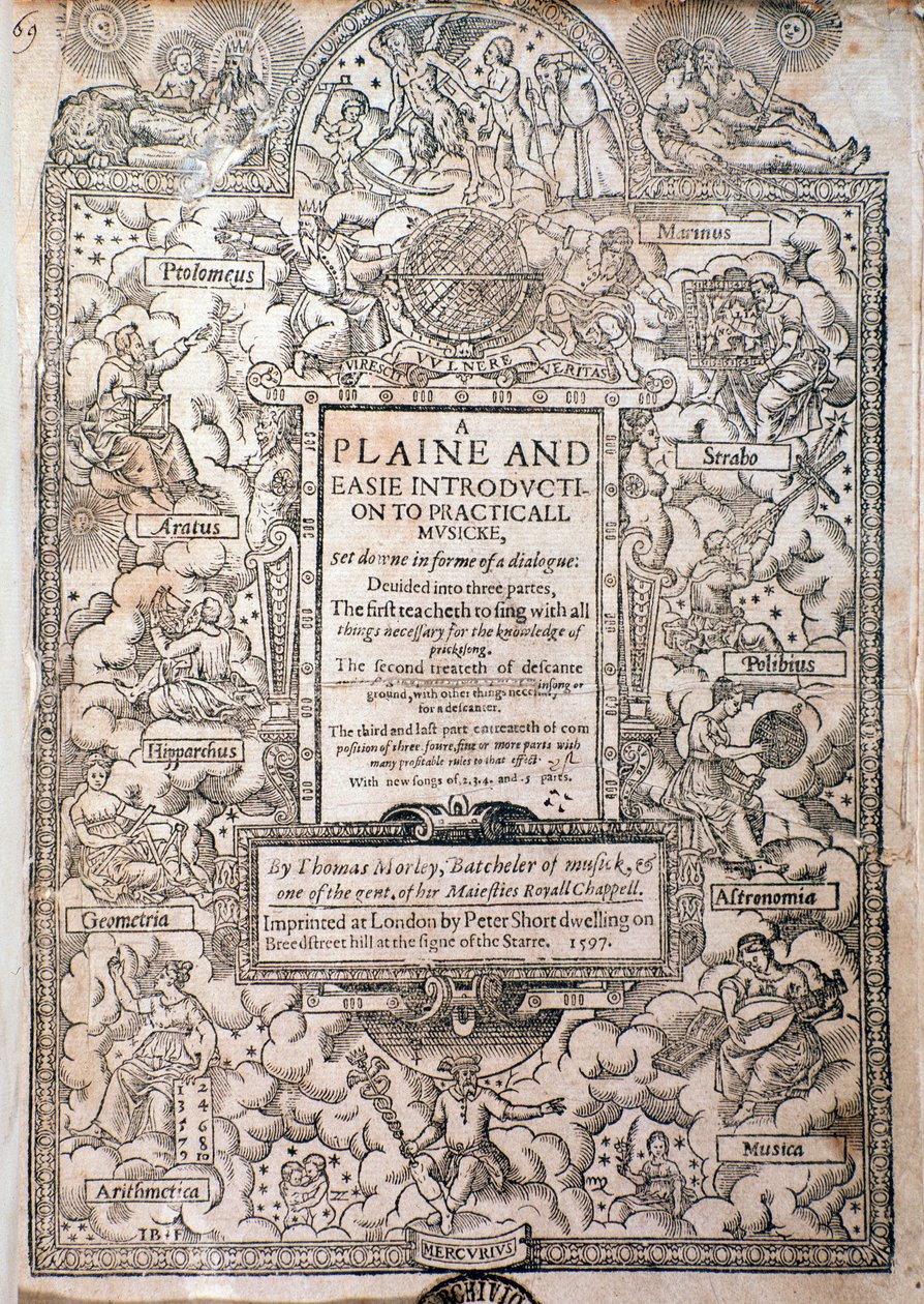 Frontispice fra A Plaine and Easie Introduction to Practicall Musicke af Thomas Morley, Detail, 1597 af English School