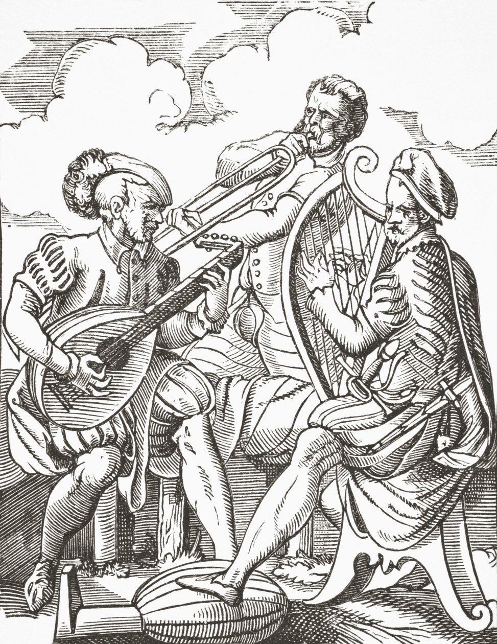 Tyske musikere spiller på lut og guitar, 1878 af English School