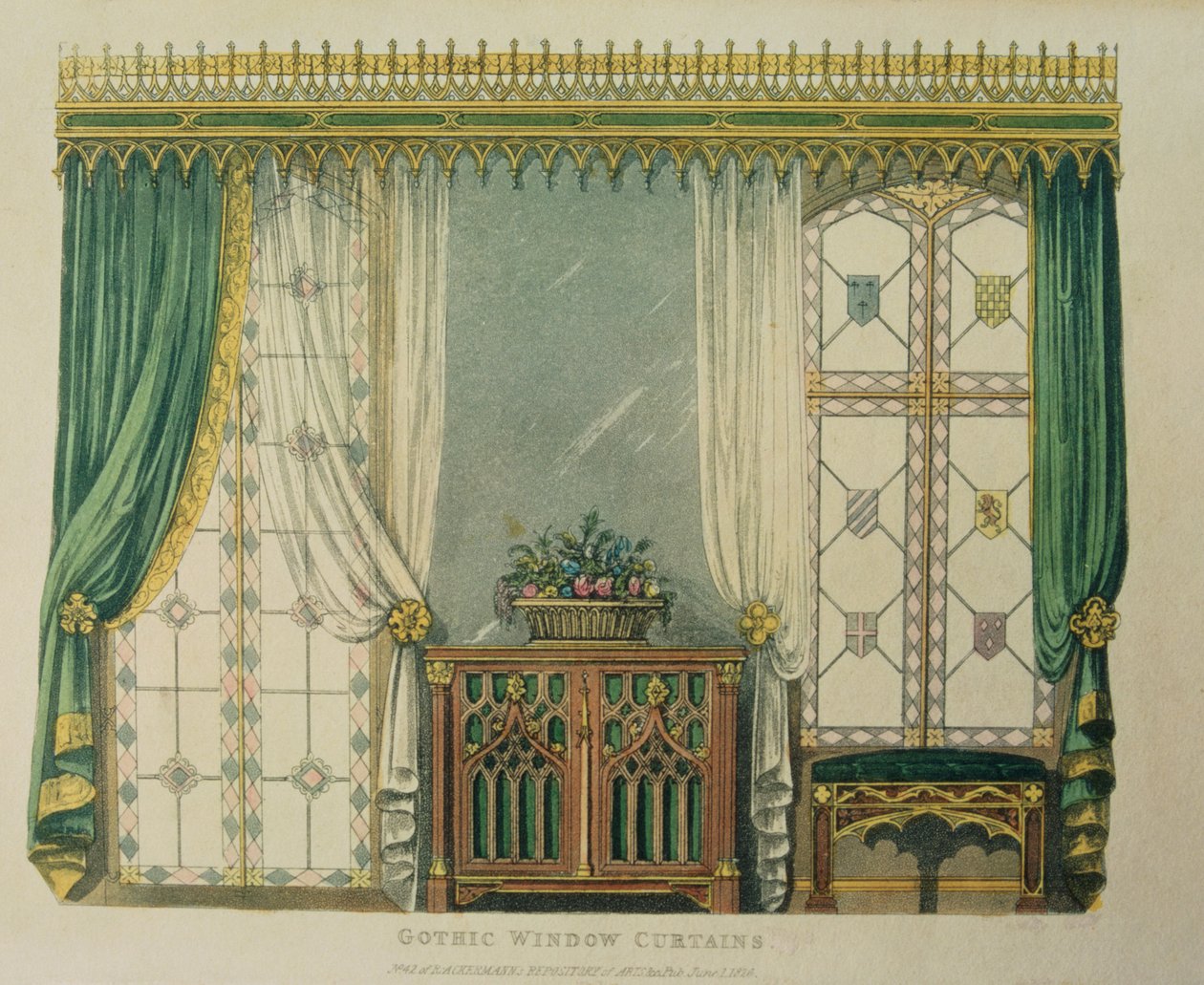 Gotiske vinduesgardiner, plade 161 fra Ackermanns Repository of Arts, udgivet 1816 af English School