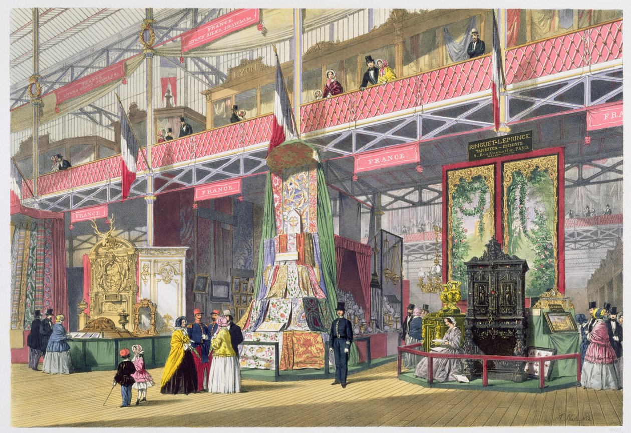 Store udstilling, 1851: Frankrig nr. 1, udstilling af stoffer og møbler, fra Dickinsons Comprehensive Pictures (farvet litho) af English School