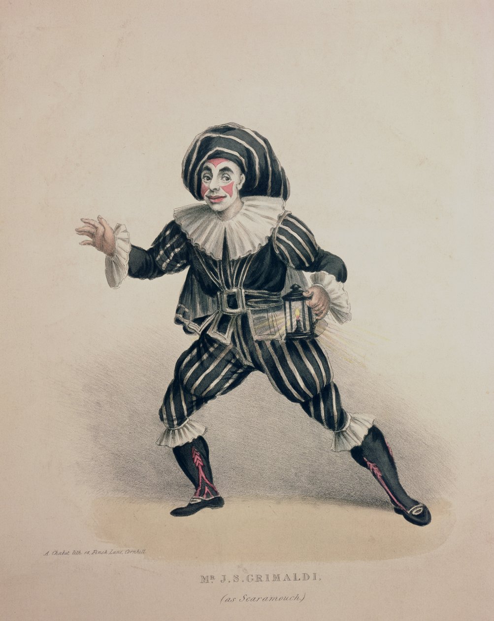 Grimaldi som Scaramouche, fra Commedia dellArte, graveret af A. Chabot, 1800-tallet (håndfarvet gravering) af English School