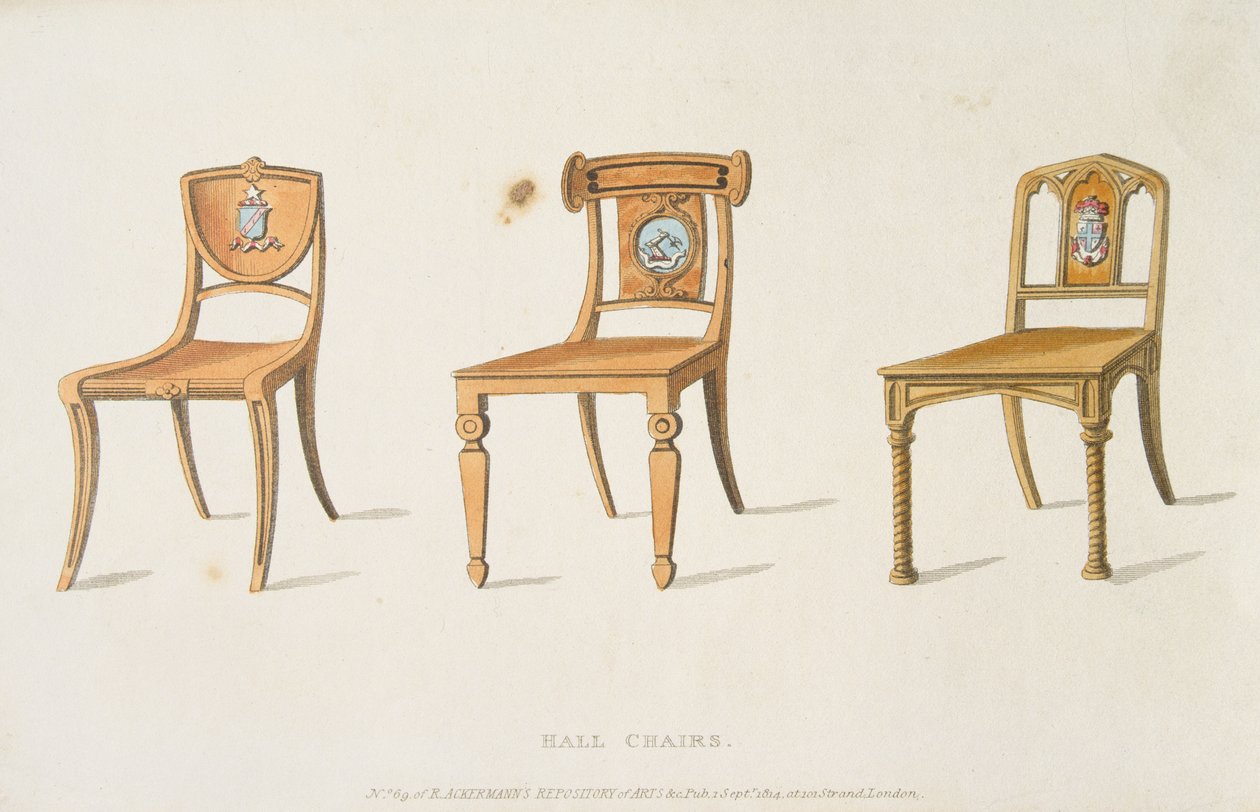 Hallstole, plade 67 fra Ackermanns Repository of Arts, Literature, Commerce, Manufactures, Fashion and Politics, udgivet 1814 af English School
