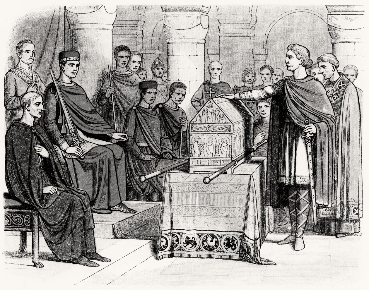 Harold II (ca. 1022-66) sværger en ed om at opretholde tronbevillingen til Vilhelm I, Erobreren (ca. 1028-87) af Edvard Bekenderen (ca. 1003-66), ca. 1064 af English School