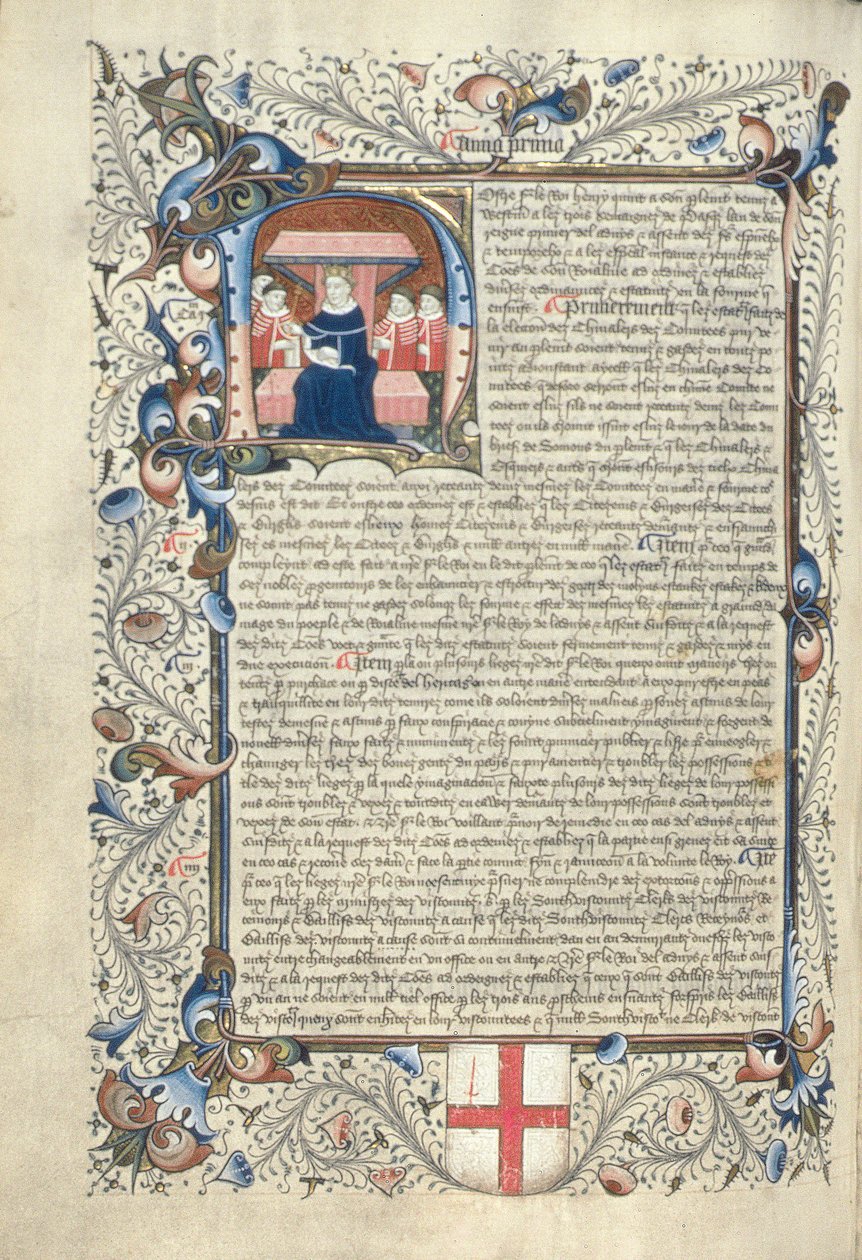 Henrik V (1387-1422) og nogle hofmænd afbildet i det indledende H, fra Cartae Antiquae, slutningen af det 15. århundrede af English School