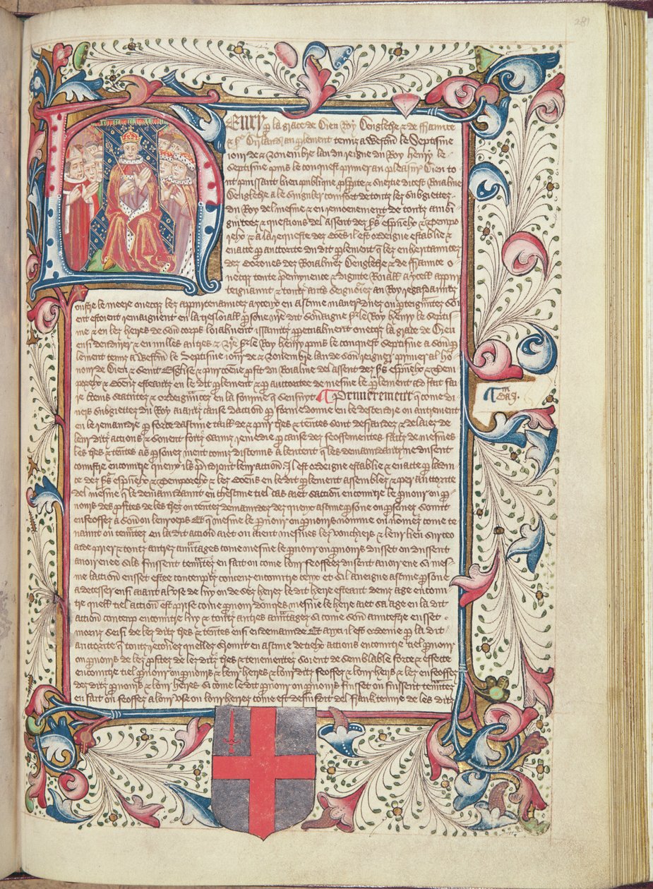Henry VII (1457-1509) afbildet i det indledende H, titelblad fra Cartae Antiquae, slutningen af det 15. århundrede af English School