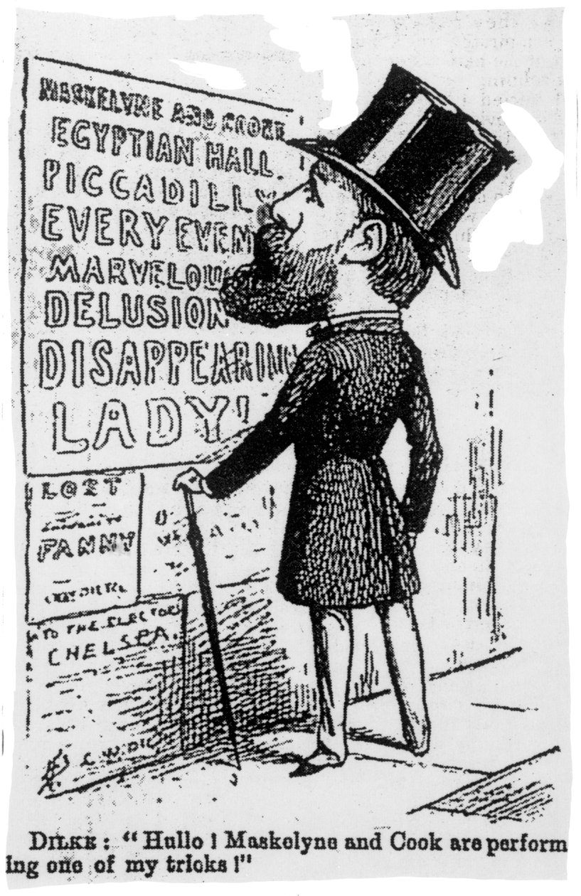 Hej! Maskelyne og Cook udfører et af mine tricks!, satirisk tegneserie af Sir Charles Dilke, ca. 1886 af English School