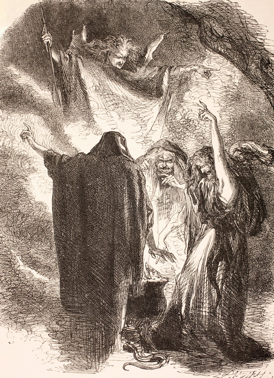Illustration af heksene omkring deres kedel i Macbeth, fra 