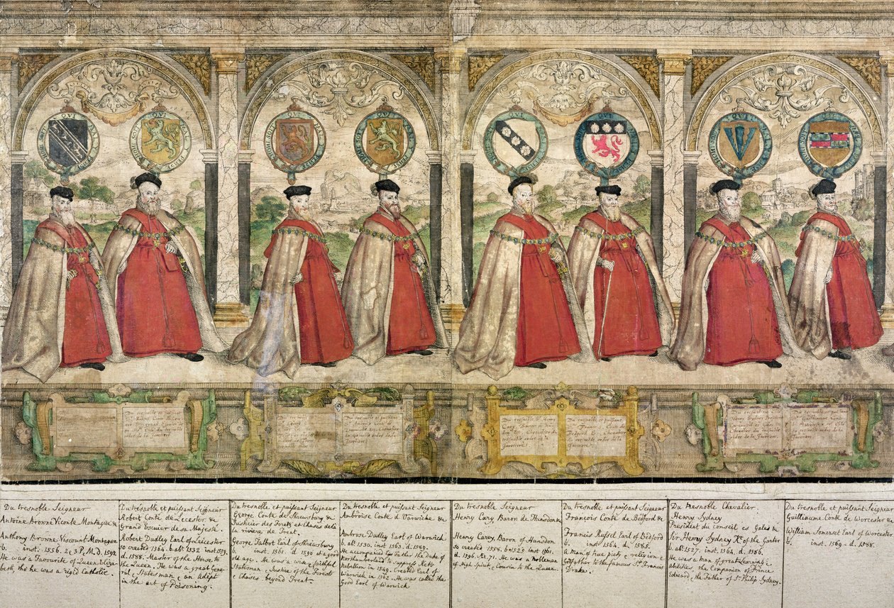 Imaginary Composite Procession of the Knights of the Garter i Windsor, indgraveret af Marcus Gheeraerts den ældre (1521-86) 1576 (farvet radering) af English School
