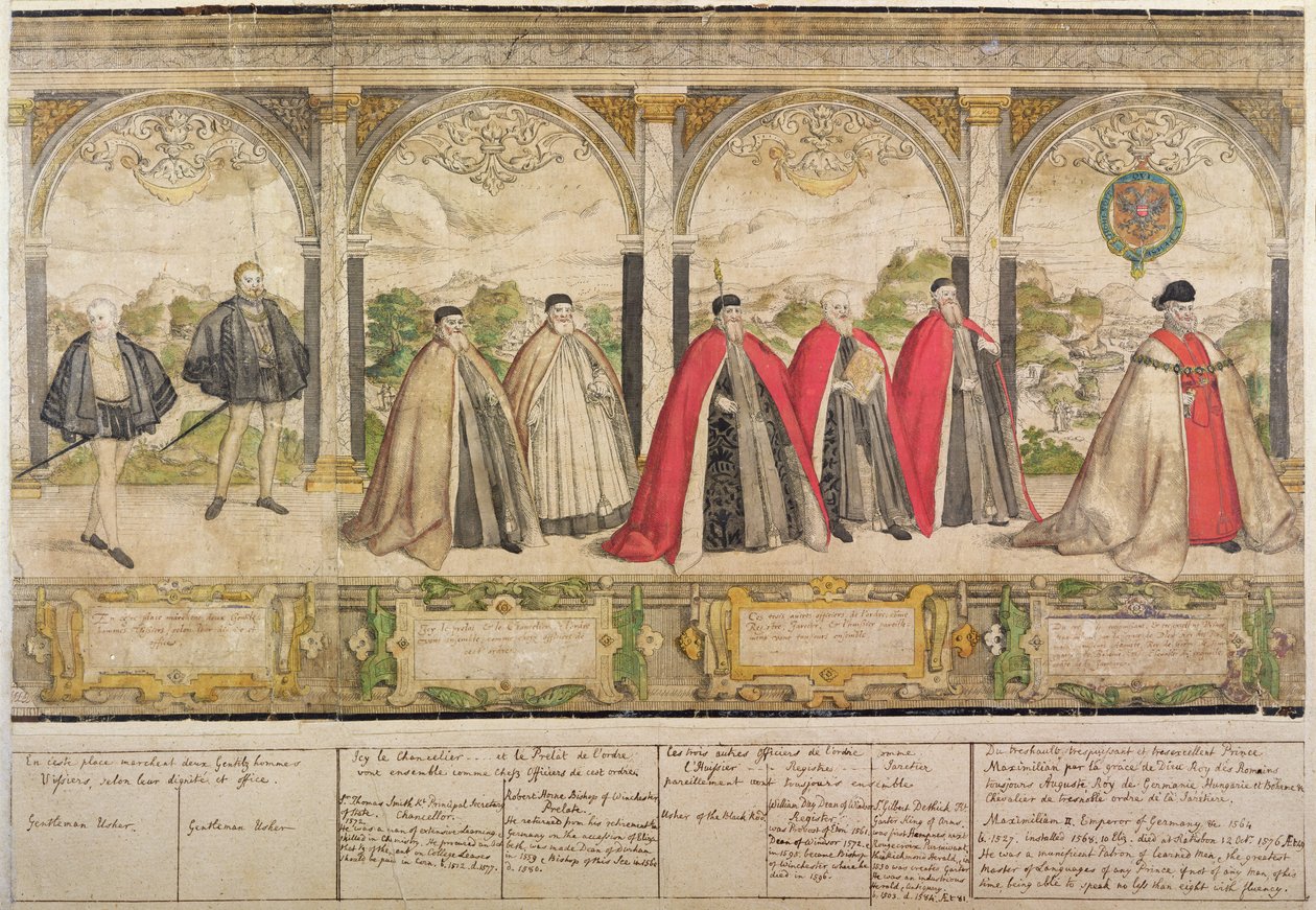 Imaginary Composite Procession of the Knights of the Garter, indgraveret af Marcus Gheeraerts den ældre (151620-c.1604) 1576 (farvet radering) af English School