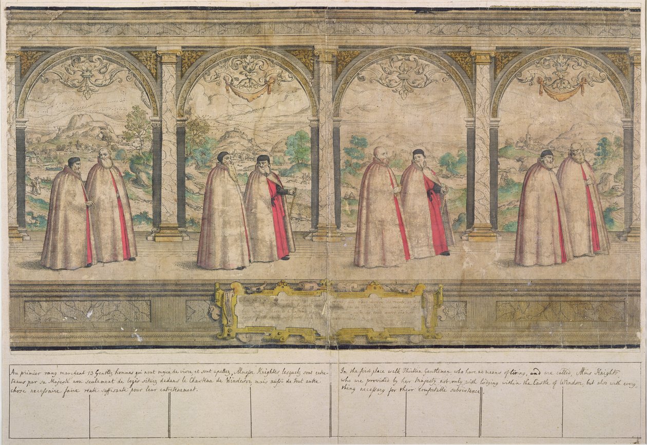 Imaginær sammensat procession af strømpebåndsordenen i Windsor, indgraveret af Marcus Gheeraerts den ældre (1521-86) 1576 (farvet radering) af English School