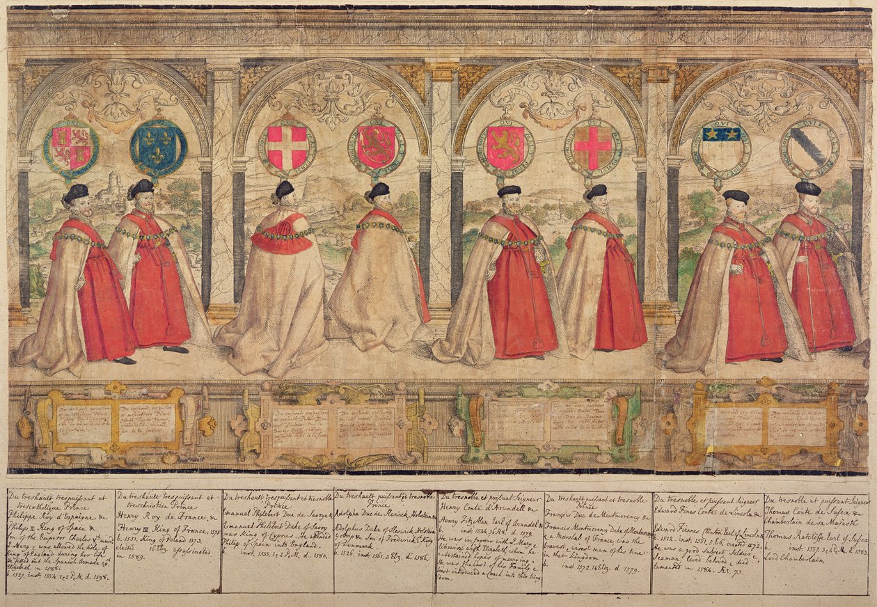 Imaginær sammensat procession af strømpebåndsordenen i Windsor, indgraveret af Marcus Gheeraerts den ældre (1521-86) 1576 (farvet radering) af English School