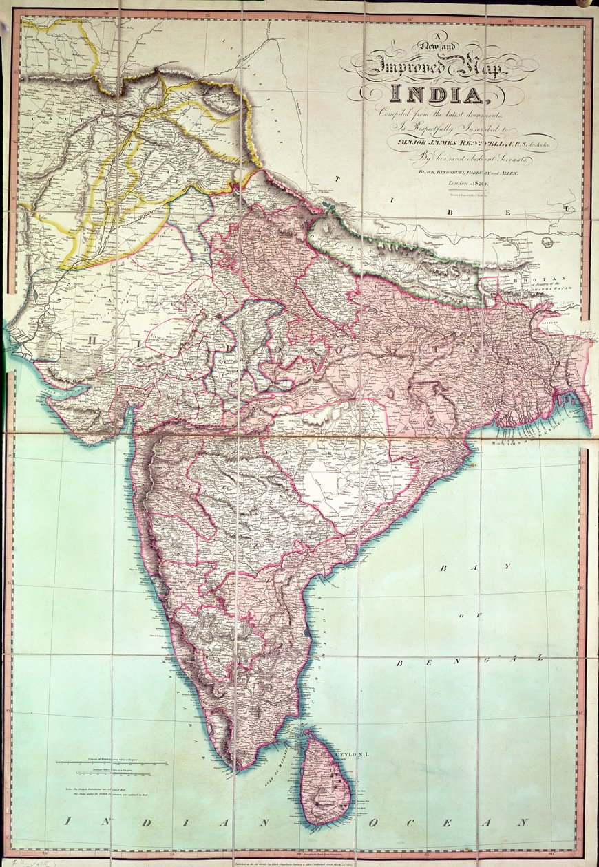 Forbedret kort over Indien udgivet i London 1820 (farvelitografi) af English School