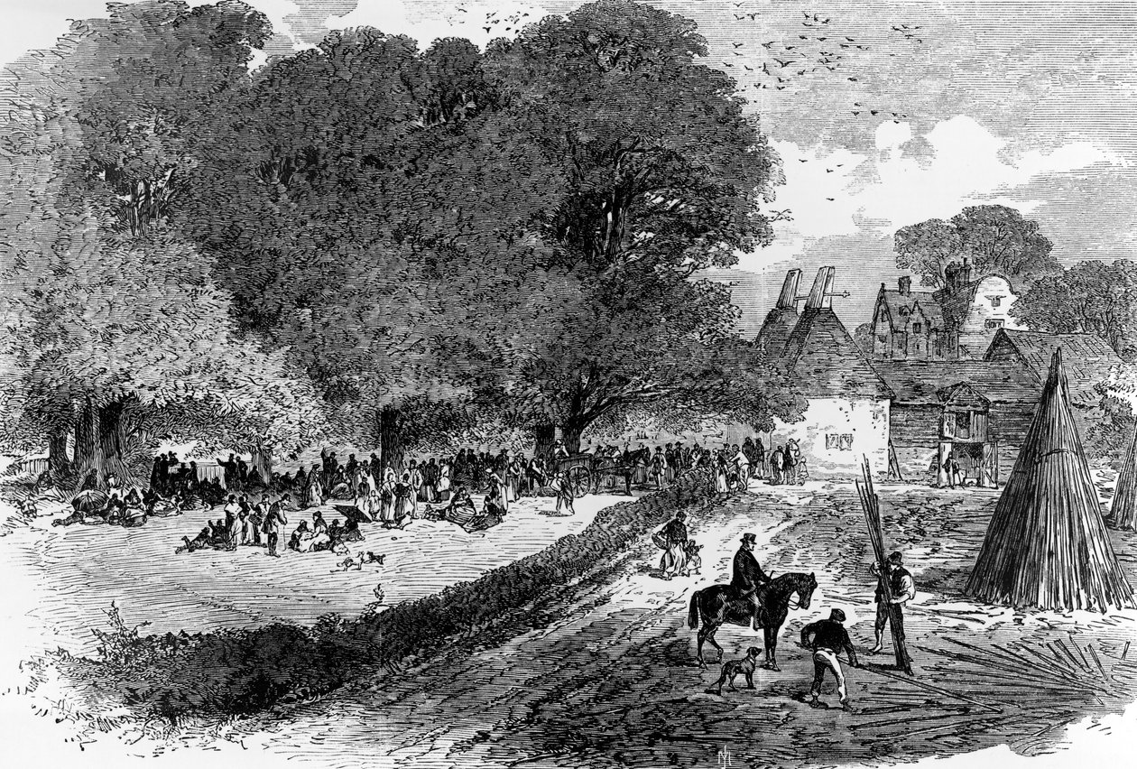 I Kent hop-markerne, venter på at blive betalt, 1867 af English School