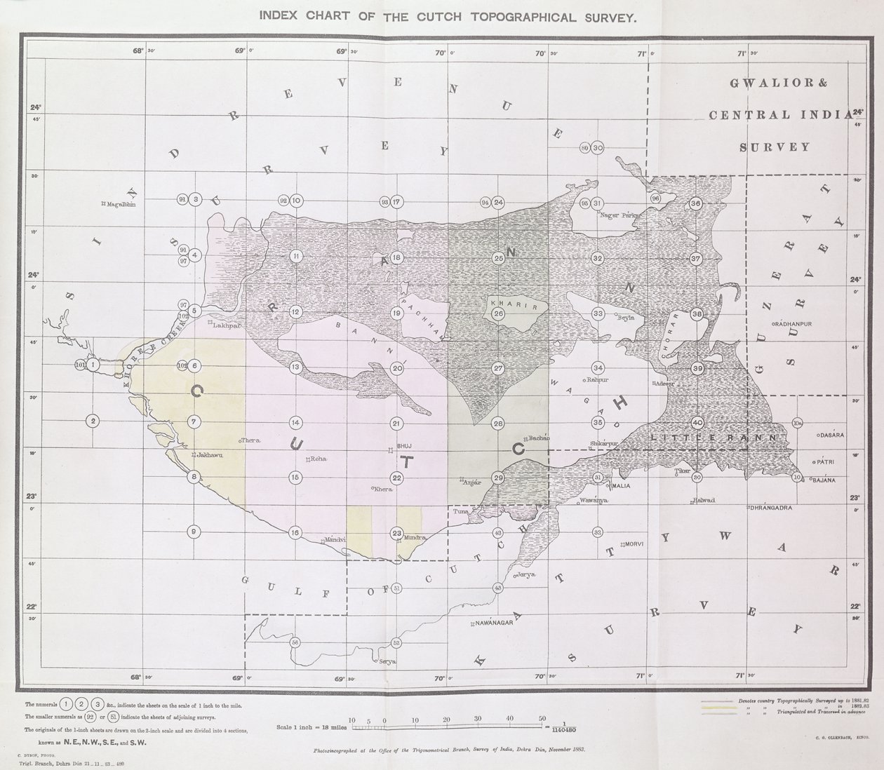 Indeksdiagram over Cutch Topographical Survey af Trigonometrical Branch, Survey of India, Dehra Dun, november, 1883 af English School