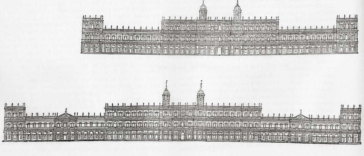 Inigo Jones 1638 plan for et nyt palads i Whitehall, Westminster, England, fra Old England: A Pictorial Museum, pub. 1847 af English School