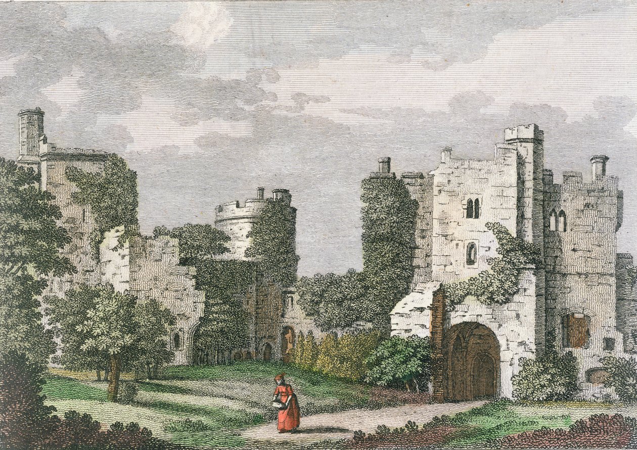 Indre udsigt og port til Bodiam Castle, Sussex, 27. maj 1785 (farvegravering) af English School