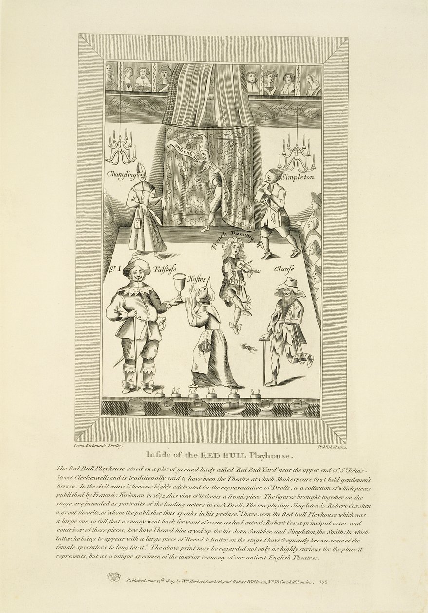 Inde i Red Bull Playhouse, frontispice til en samling af drolls af Francis Kirkmans første pub. i 1672, pub. af William Herbert og Robert Wilkinson, 1809 af English School