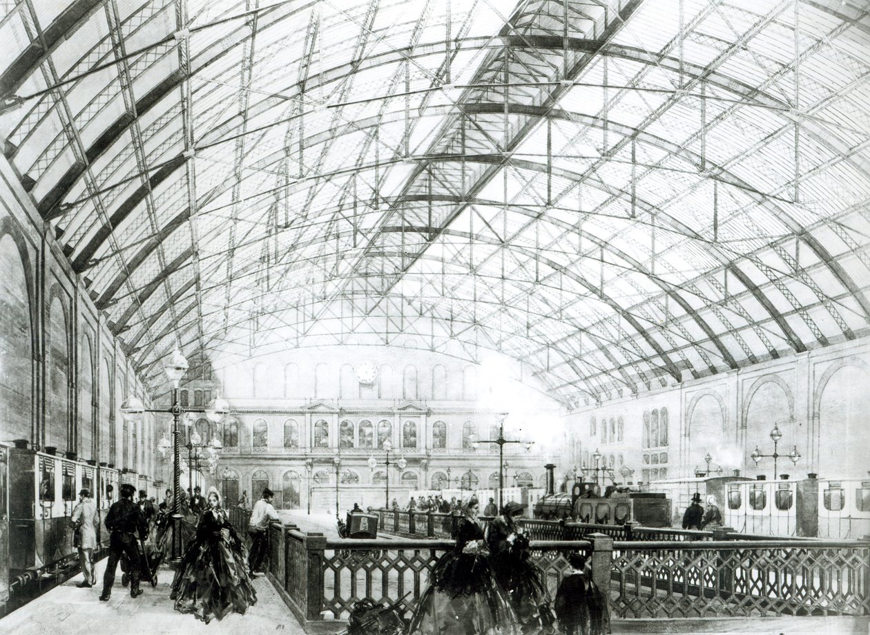 Interiør af Charing Cross station, indgraveret af Kell Brothers, ca. 1864 af English School