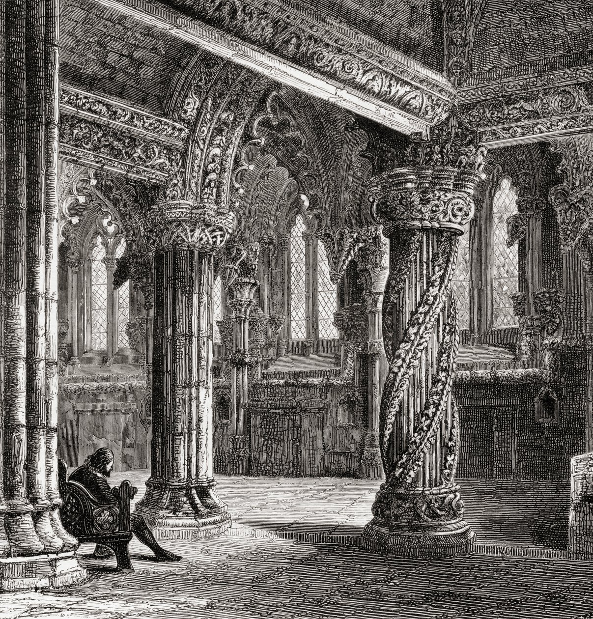 Interiør af Roslin Chapel, med lærlingsøjlen, fra 