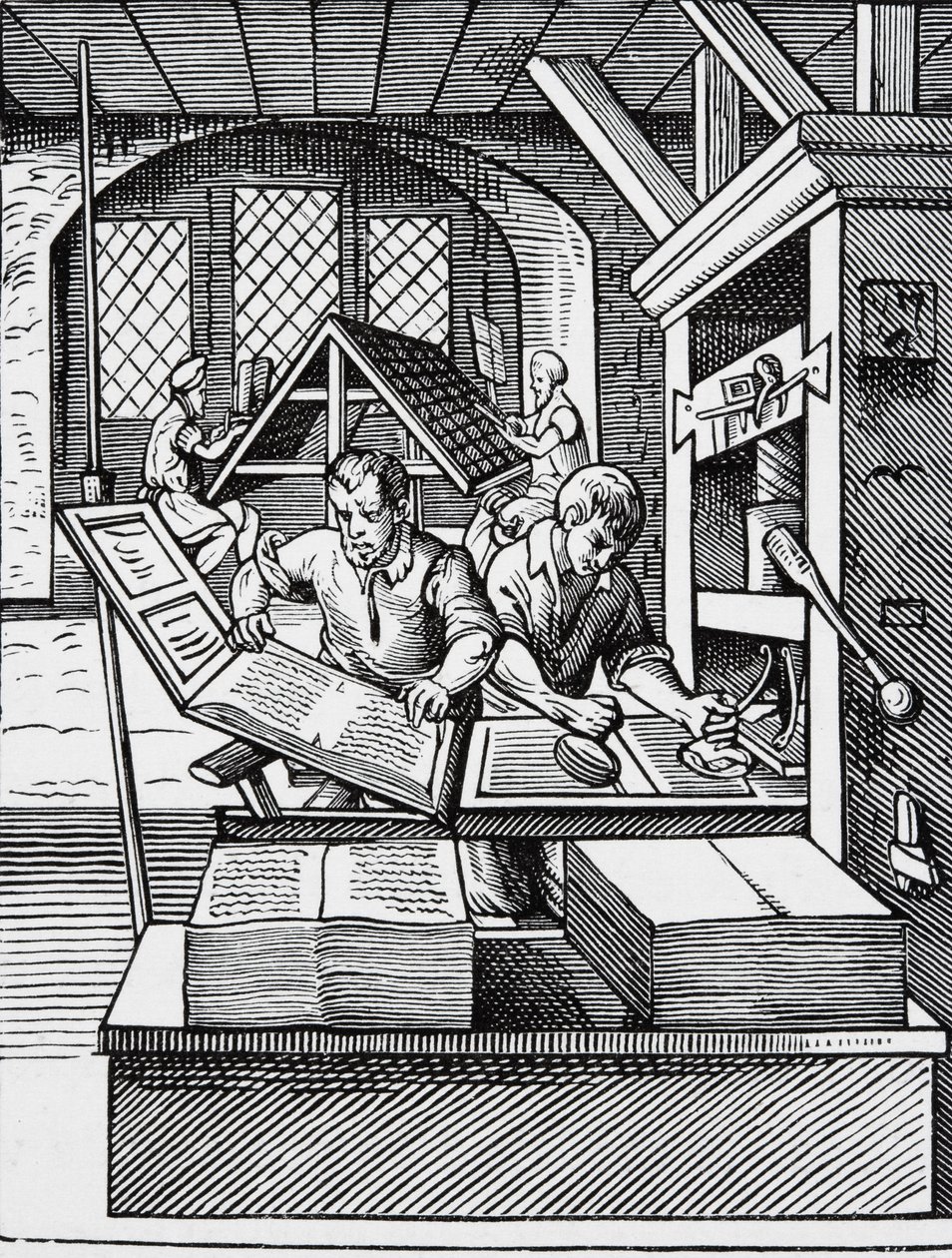 Interiør af et trykkeri fra det 16. århundrede efter en gravering af Jost Amman (1539-91) af English School
