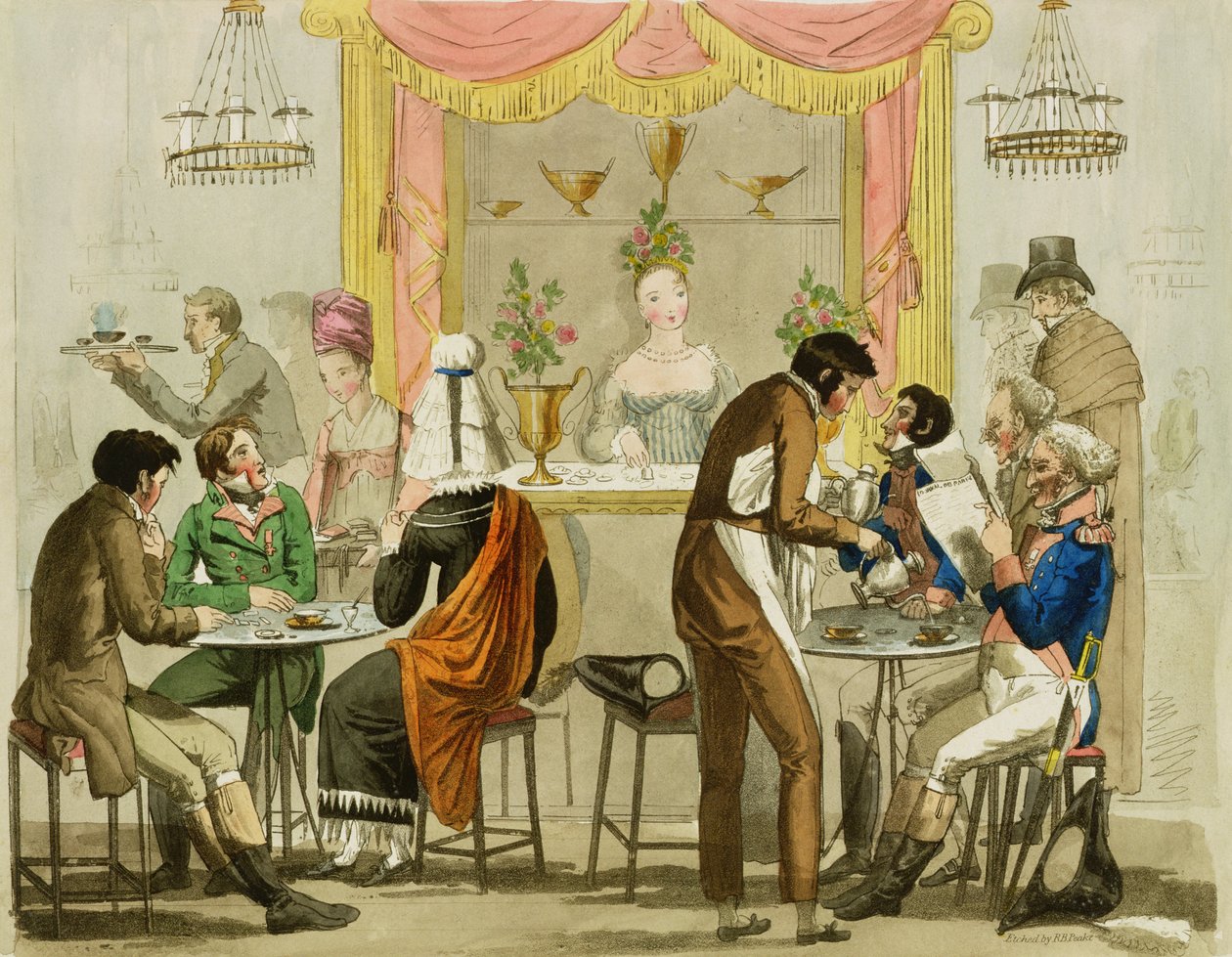 Interiør af et kaffehus, pub. for William Pearman Library, 1819, (farveætsning) af English School