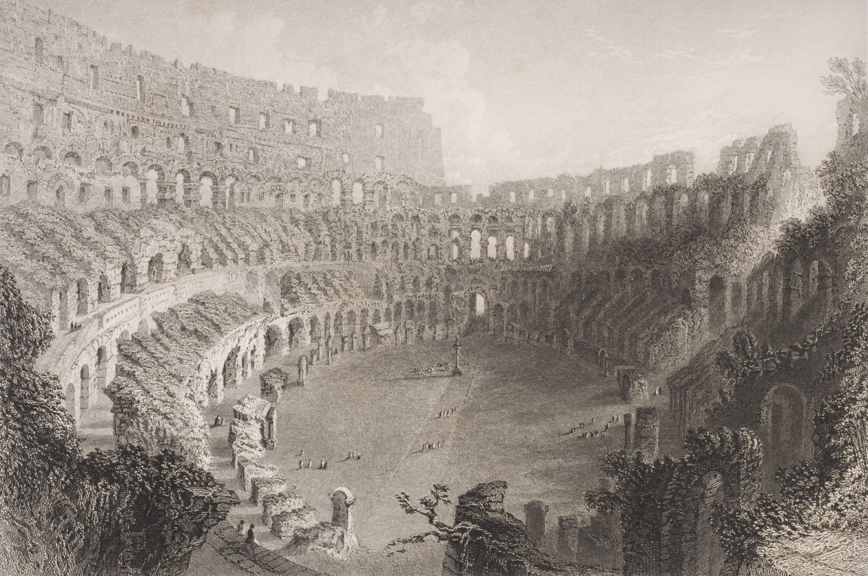 Interiør af Colosseum, Rom, indgraveret af E. Roberts af English School