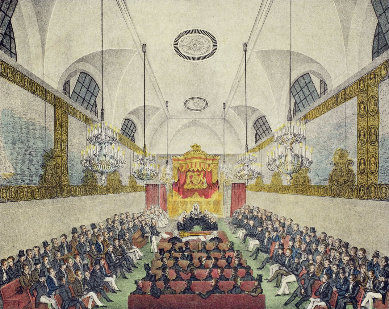 Interiør af House of Lords, i Palace of Westminster, trykt og udgivet af Charles Ingrey, ca. 1830 (farvet litho) af English School