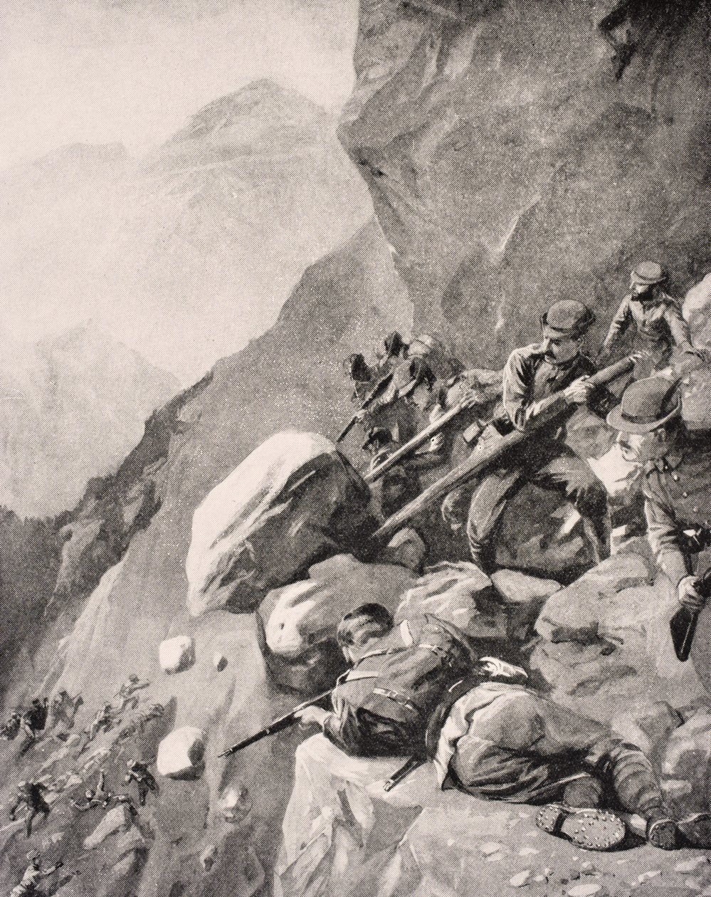 Italienske tropper løfter kampesten ned på fjendens soldater i Dolomitterne, 1915, fra 