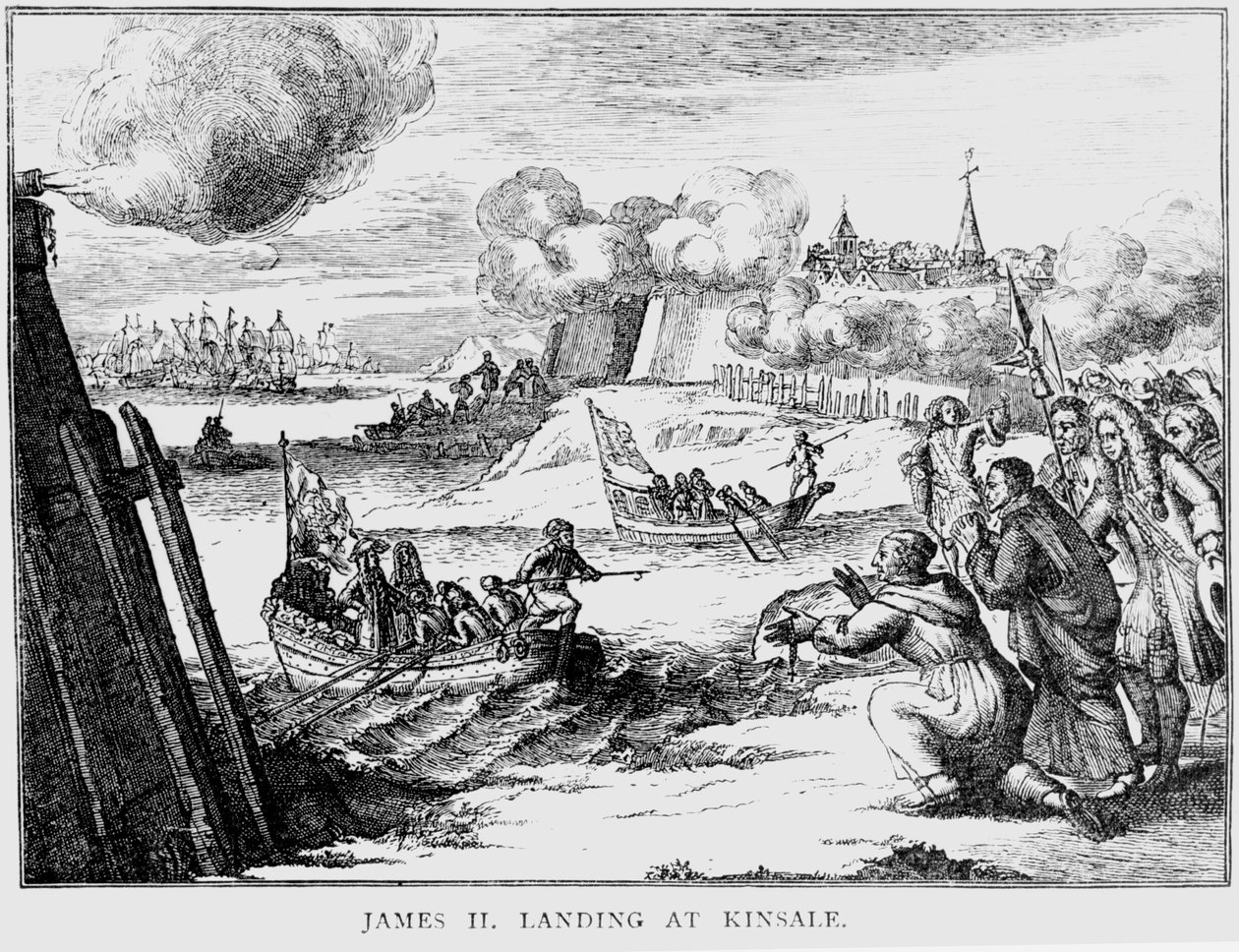 James II (1633-1701) Landing ved Kinsale, 12. marts 1689 af English School