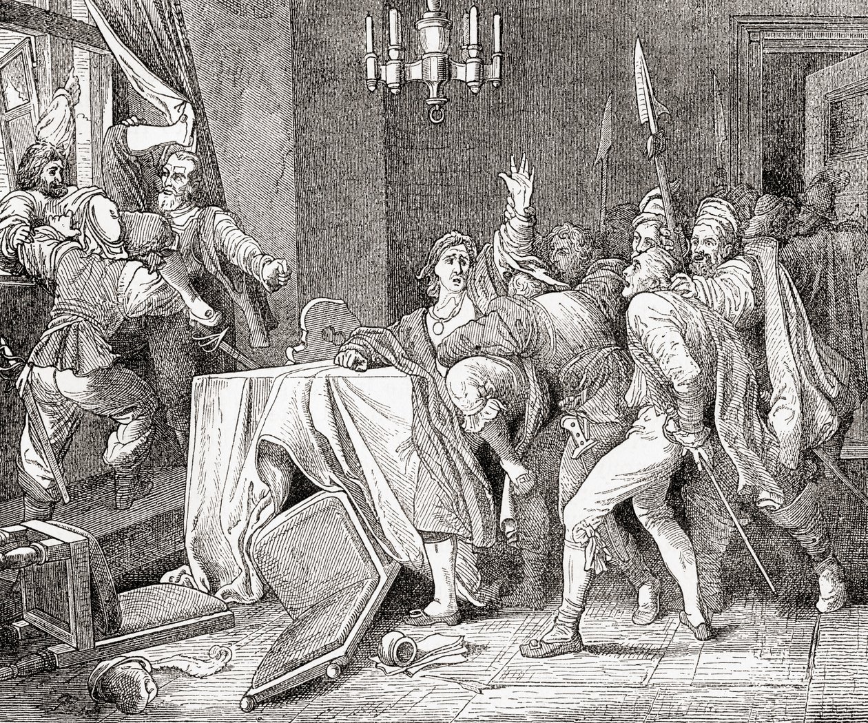 Jaroslav Brita af Martinice og Vilem Slavata af Chlum smidt fra vinduet på paladset i Prag under The Defenestration of Prag i 1618, fra Ward and Locks Illustrated History of the Wo af English School
