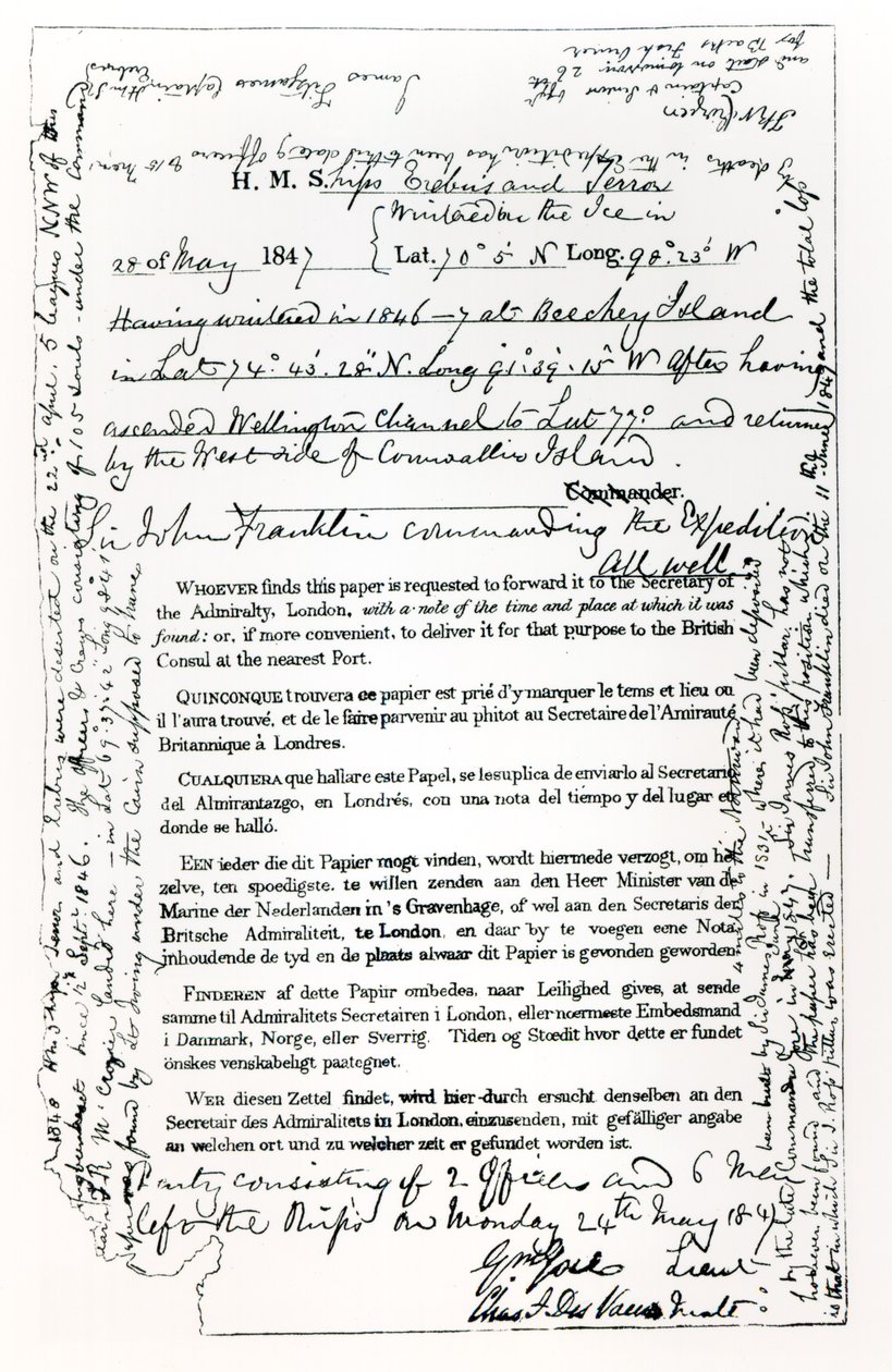 John Franklins (1786-1847) meddelelse til sekretæren for admiralitetet, 28. maj 1847 af English School