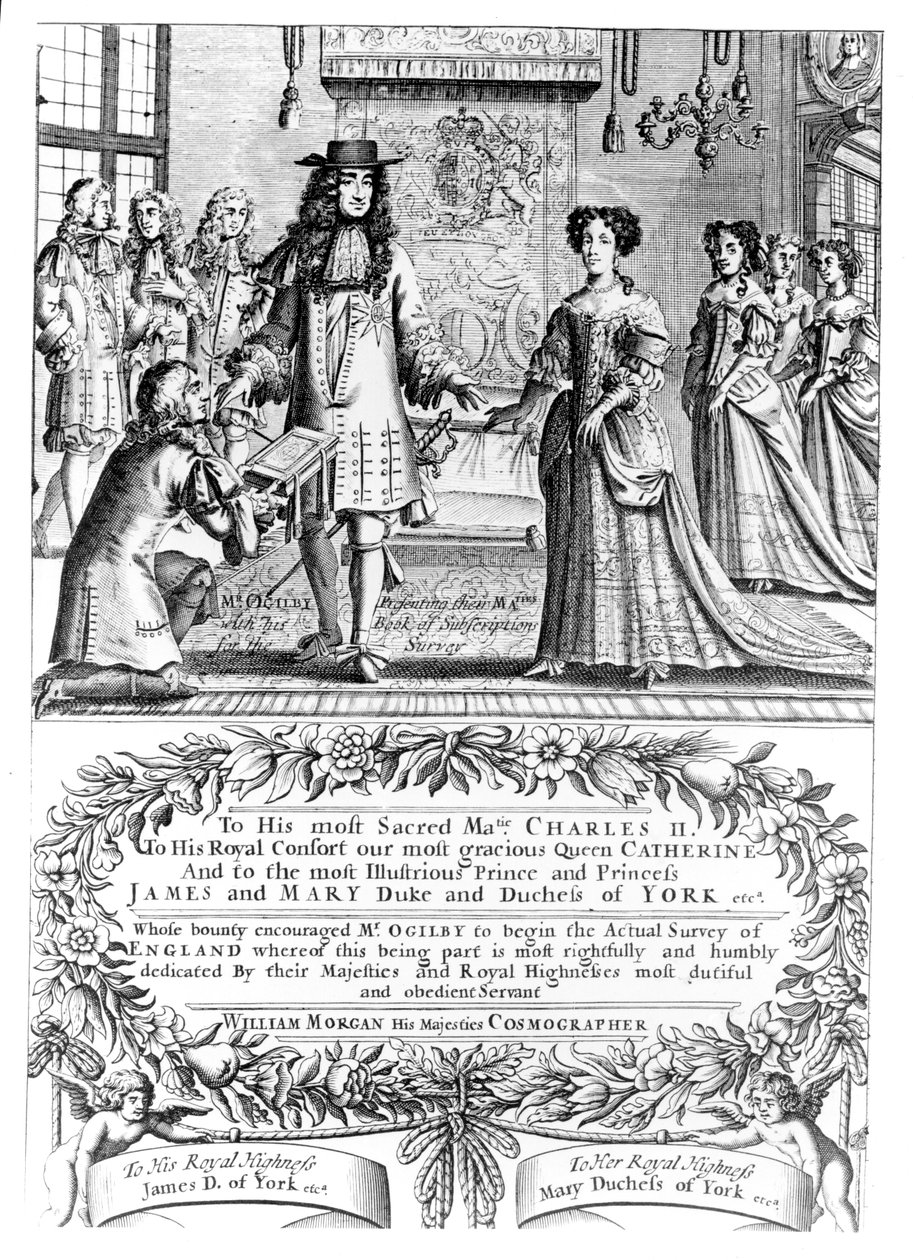 John Ogilby præsenterer sin abonnementsliste for "Britannia" for kongen og dronningen, detalje fra Morgans kort over London, 1682 af English School