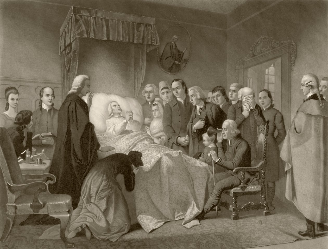John Wesley på sit dødsleje, efter et værk fra det 19. århundrede graveret af John Sartain af English School