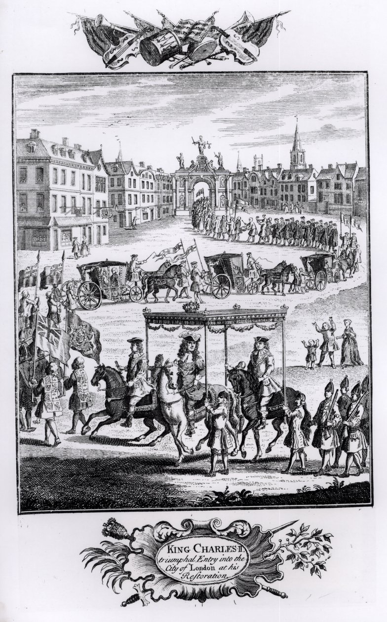 Kong Charles II (1630-85): Triumferende indtog i London City ved hans restaurering, maj 1660 af English School