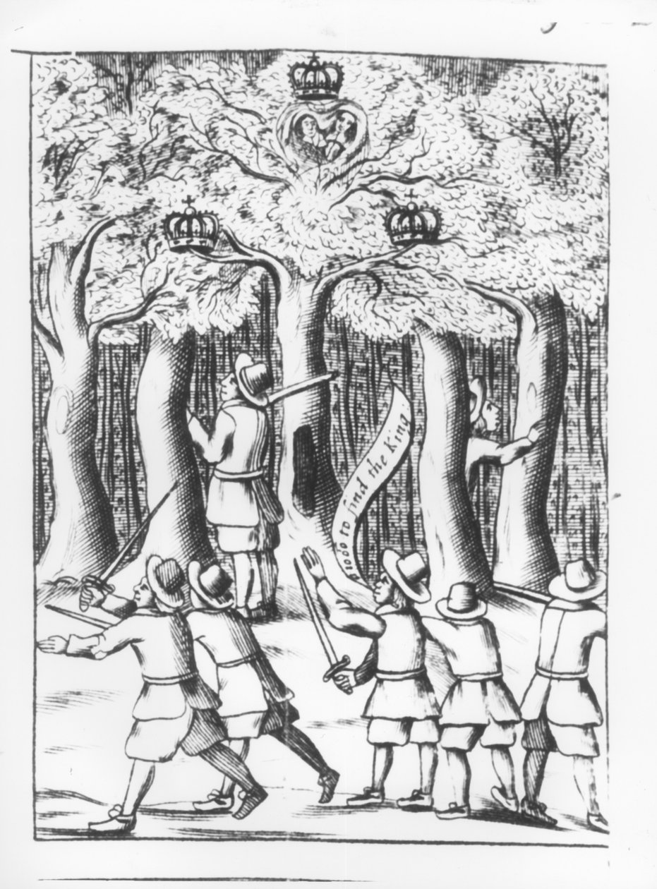 Kong Charles II (1630-85) gemmer sig i et egetræ ved Boscobel efter sit nederlag i slaget ved Worcester i 1651, udgivet 1660 af English School