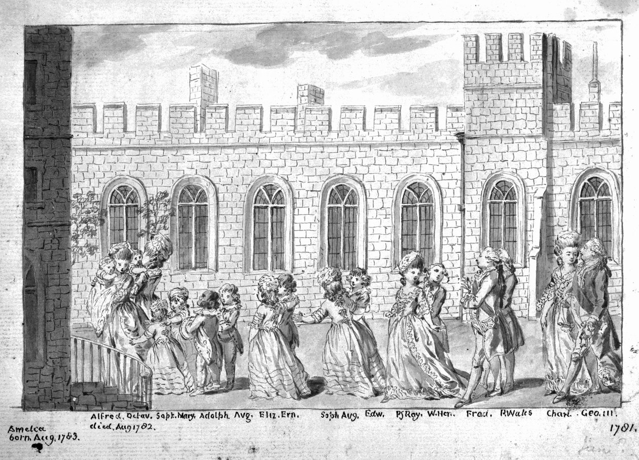 Kong George III og Dronning Charlotte går i procession med deres fjorten børn, 1781 (pen og vask på papir) af English School
