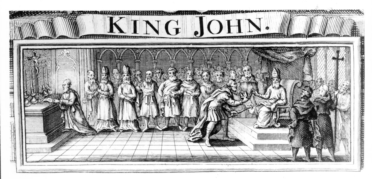 Kong John overgiver sin krone til Pandulph Masca, pavelig legat, i Dover i maj 1213 af English School