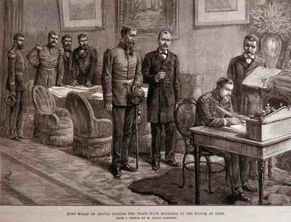 Kong Milan af Servia underskriver freden med Bulgarien i Konak ved Nish, fra The Illustrated London News, 4. marts 1886 af English School