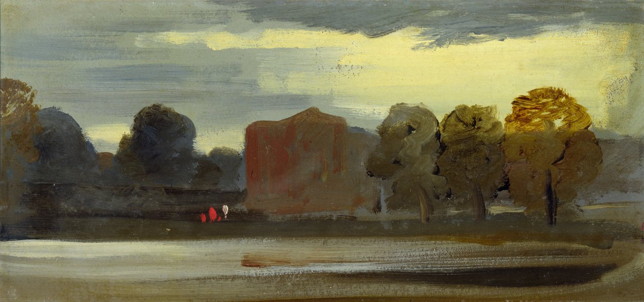 Landskab med sø (søscene) tidligere tilskrevet J.M.W. Turner (1775-1851) og også tilskrevet Peter de Wint (1784-1849), 1828-29 (olie på papir) af English School