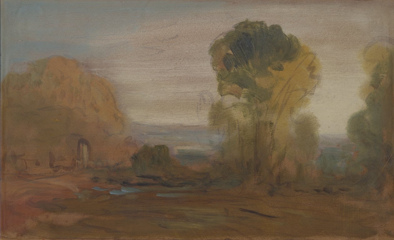 Landskab med træer, tidligere tilskrevet J.M.W. Turner (1775-1851) og også tilskrevet Peter de Wint (1784-1849) (olie på papir) af English School