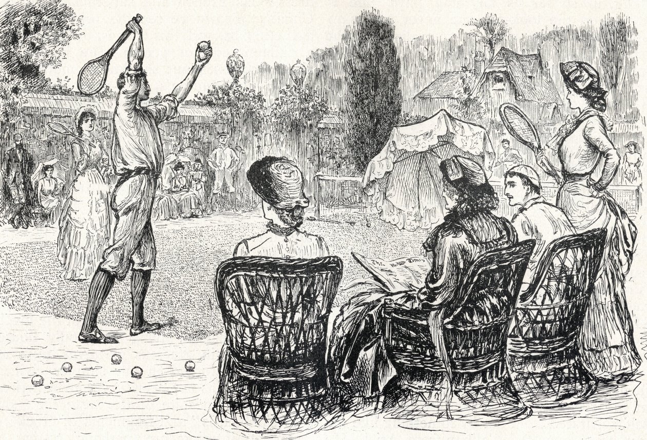 Lawn Tennis i 1883, graveret efter den originale tegning i Punch Magazine, fra "The Century Illustrated Monthly Magazine", maj til oktober 1883 af English School