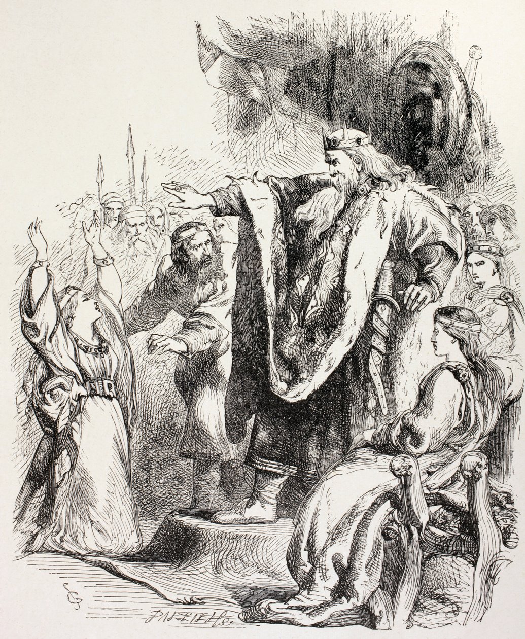 Lear mener, at Cordelia ikke elsker ham og forviser hende, illustration fra King Lear, fra 