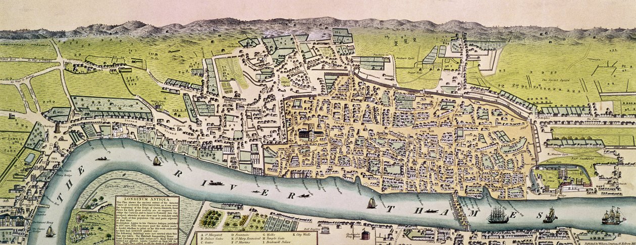 Londinium Antiqua, kort over London, pub. af William Darton, 1563 (håndkoloreret gravering) af English School