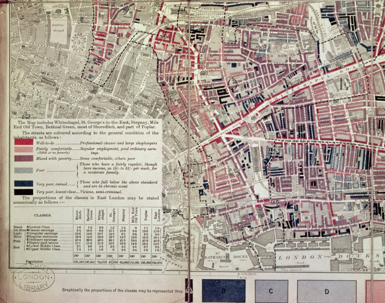 London: Whitechapel-sektion, fra et beskrivende kort over East End Poverty, 1887 af English School