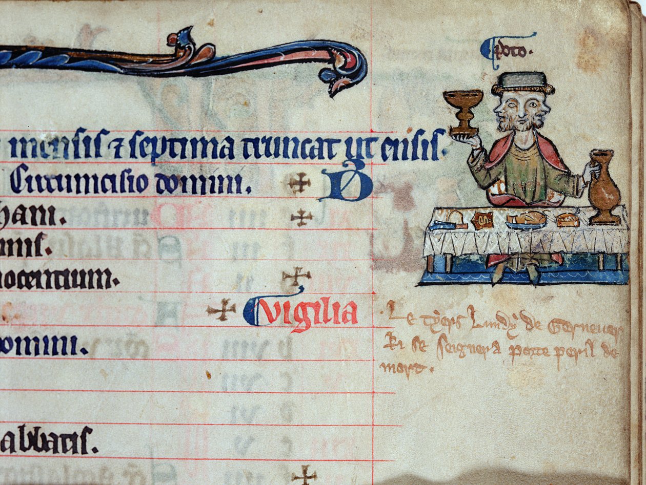 MS CCC 285 f.3 En trehovedet mand, der drikker, illustration for januar i kalenderen for en psalter, ca. 1250-75 af English School