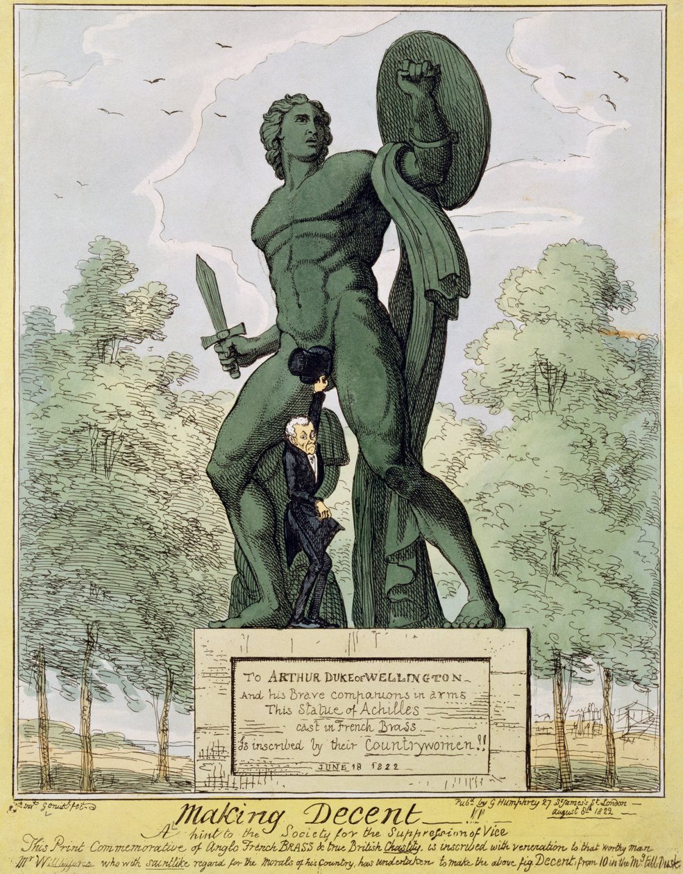 Making Decent, tegneserie, der viser William Wilberforce (1759-1833), der dækker over statuen af Achilleus ved Hyde Park Corner, af Richard Westmacott (1775-1856), pub. 1822 af English School